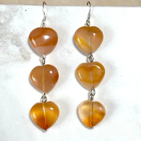 2/$20, Genuine Orange Agate Stone Heart Silver Dangle Earrings - Picture 1 of 11